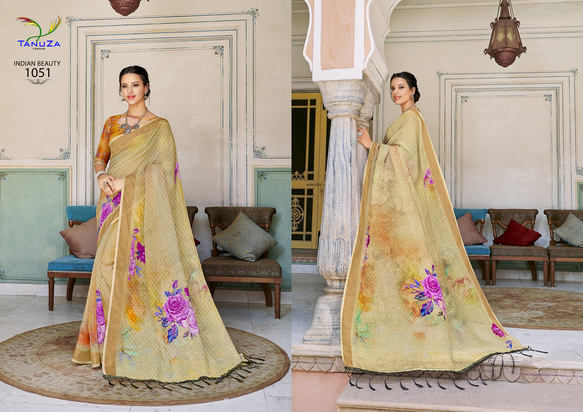 Yellow Linen Saree With Digital Print