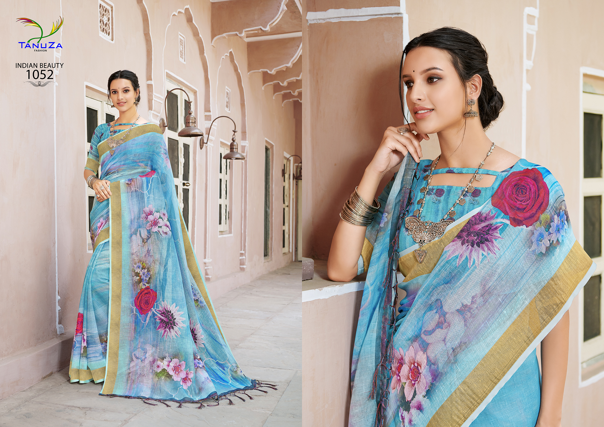 Yellow Linen Saree With Digital Print