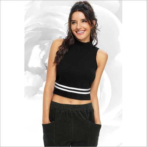 Ladies T-shirt - Knitted Fabric, Size: S, M, L, XL, High Neck, Sleeveless | Unique Ethnic Style with Beads, Laces, Sequins, and Printed Logo