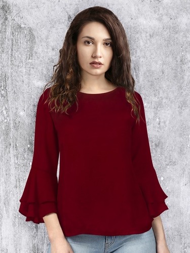 Ladies Top - Rayon Bell Sleeve Fancy Design | Plain Maroon with Printed Logo, Washable, Customized Size for Ages 15-45