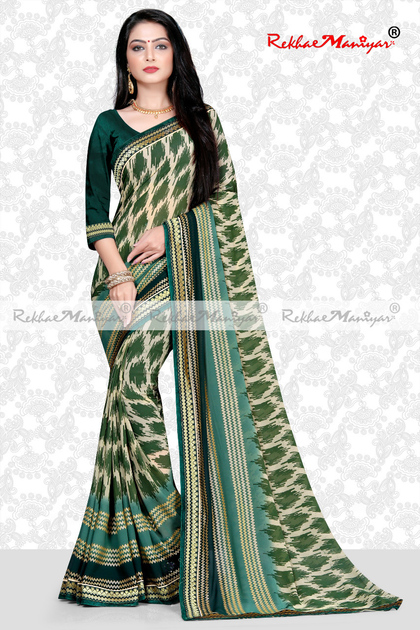 Weightless Georgette Pigment Printed Saree - Georgette, Floral & Geometric Patterns, Wide Banarasi Jacquard Border, Exclusive Shaded Panel Print