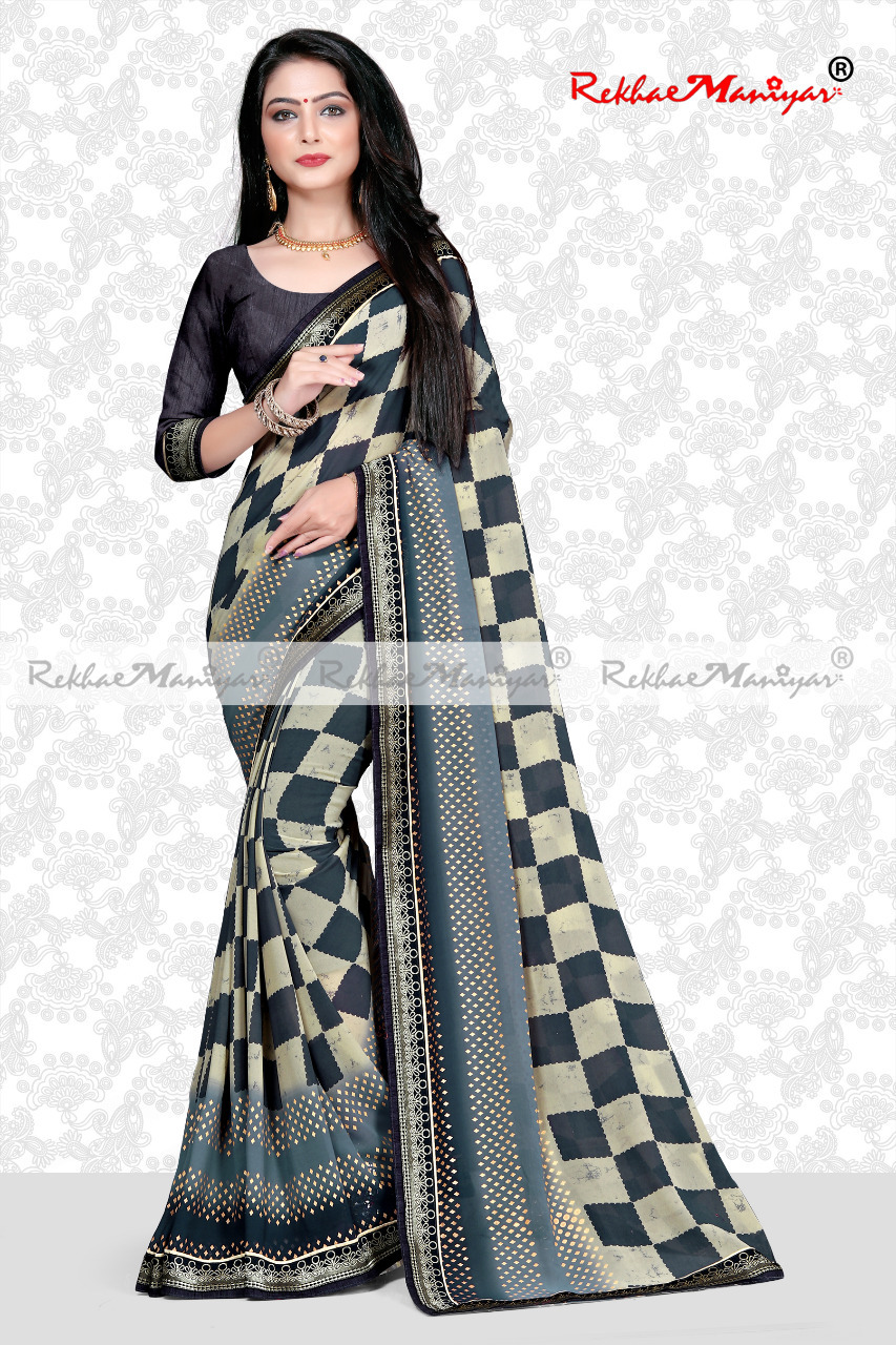 Weightless Georgette Pigment Printed Saree - Georgette, Floral & Geometric Patterns, Wide Banarasi Jacquard Border, Exclusive Shaded Panel Print