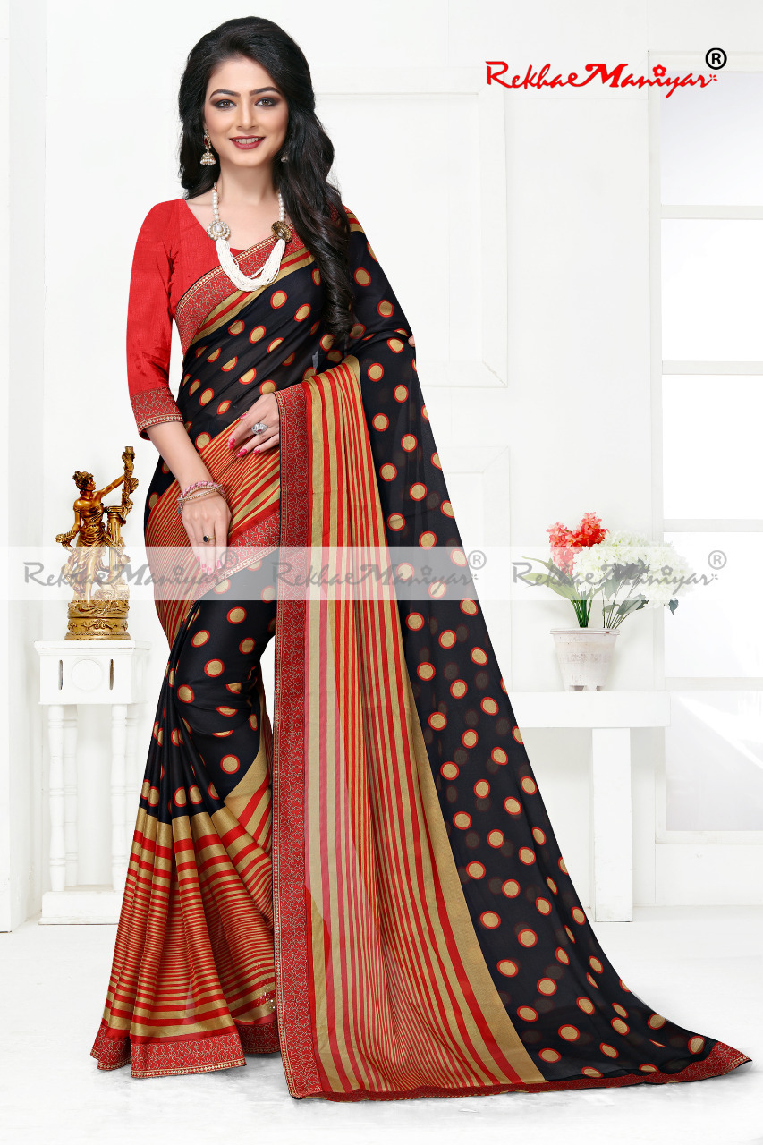 Chinese Chiffon With Banarasi Jacquard Border And Bangalori Silk Blouse - Georgette, Printed Pattern | Suitable For Rainy, Spring, Summer, Winter Seasons
