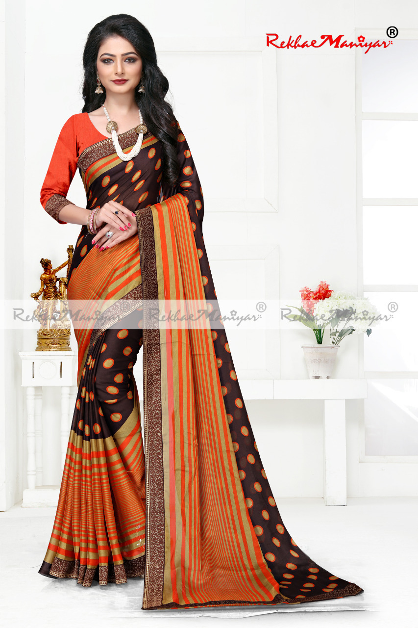 Chinese Chiffon With Banarasi Jacquard Border And Bangalori Silk Blouse - Georgette, Printed Pattern | Suitable For Rainy, Spring, Summer, Winter Seasons