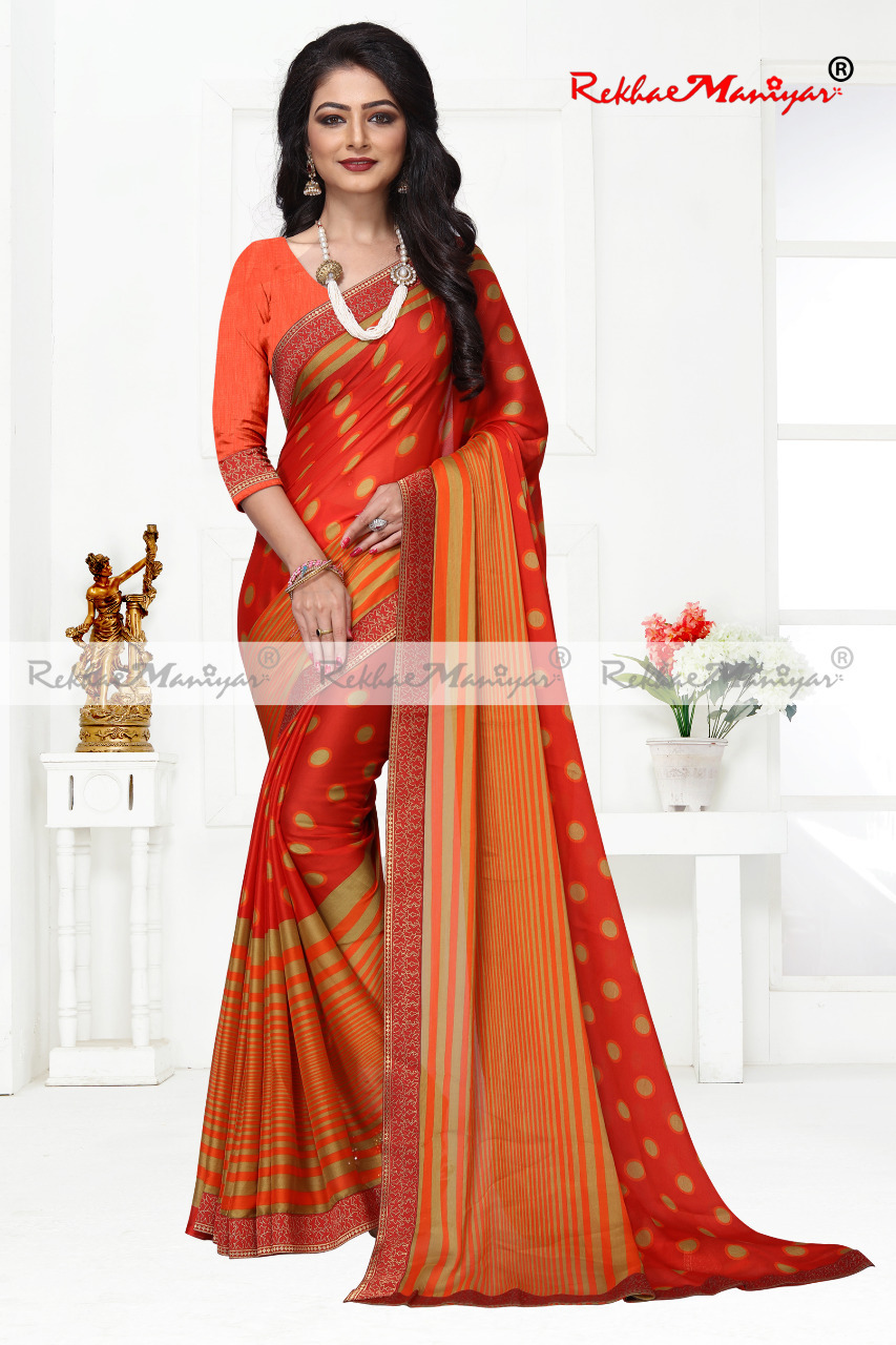 Chinese Chiffon With Banarasi Jacquard Border And Bangalori Silk Blouse - Georgette, Printed Pattern | Suitable For Rainy, Spring, Summer, Winter Seasons