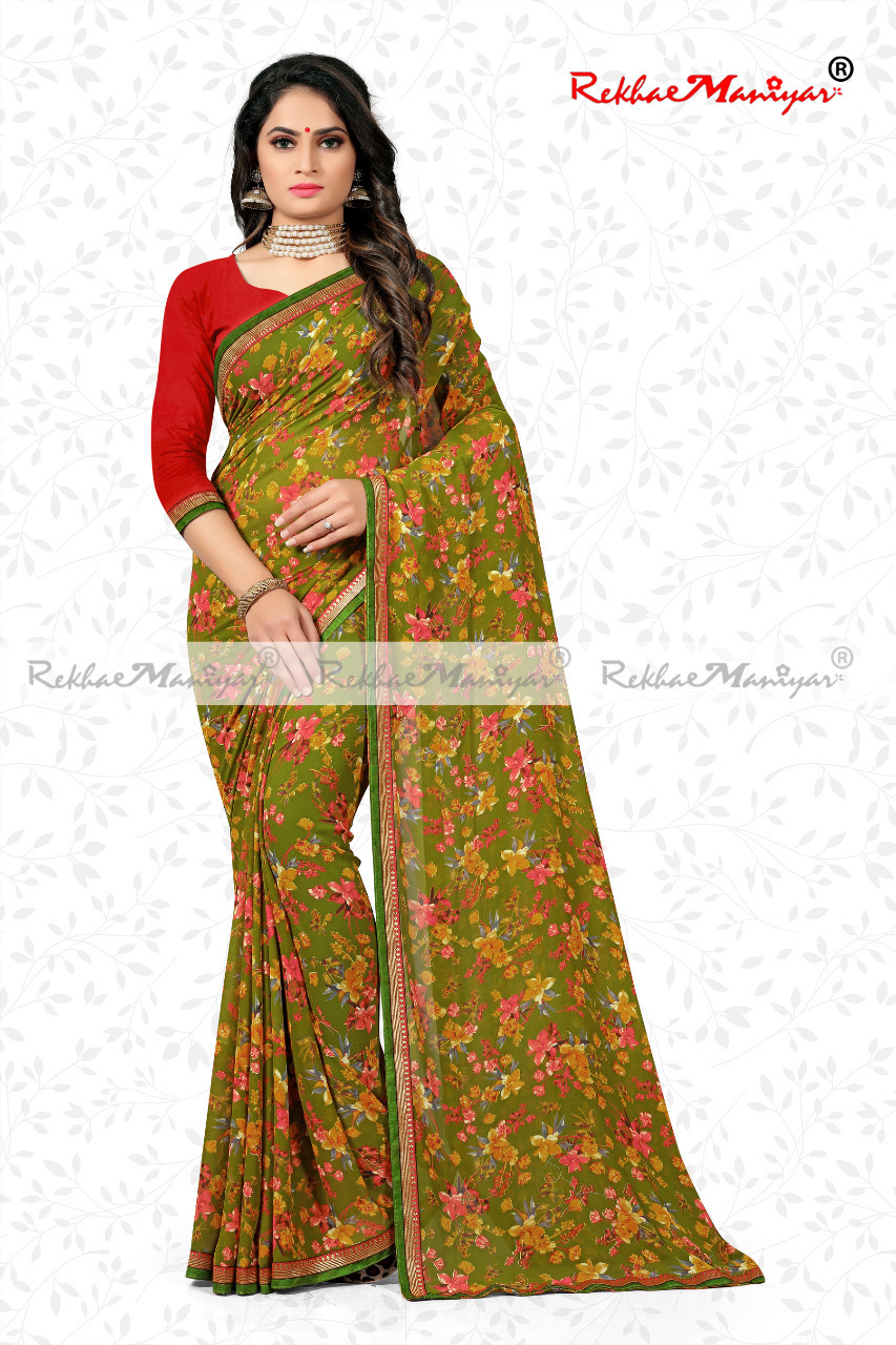 Faux Georgette Weightless Weaving Zari Bordered Saree - Faux Georgette, Geometrical Print, Zari Border, Includes Blouse | Suitable For Rainy, Spring, Summer, Winter Seasons