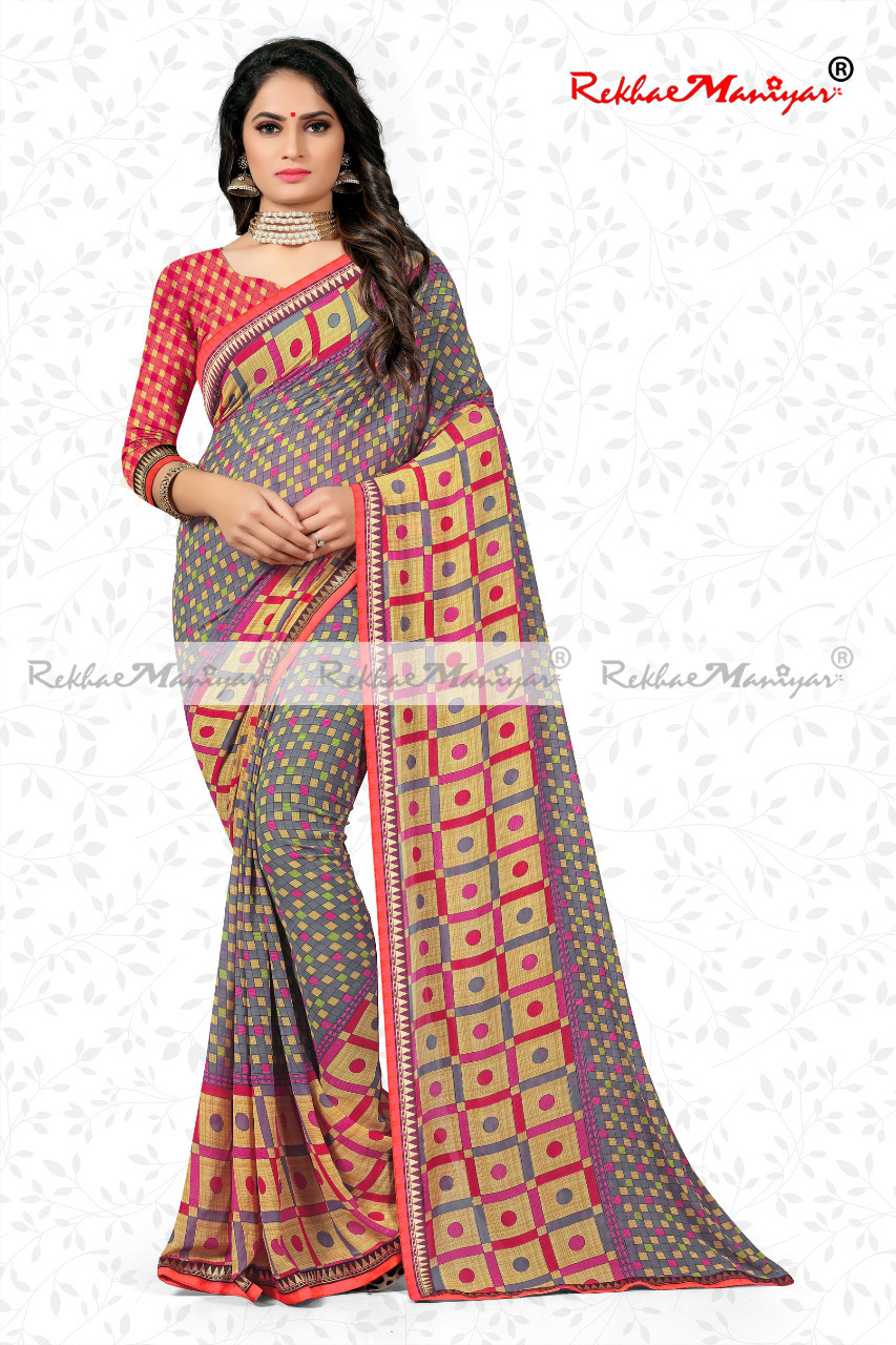 Faux Georgette Weightless Weaving Zari Bordered Saree - Faux Georgette, Geometrical Print, Zari Border, Includes Blouse | Suitable For Rainy, Spring, Summer, Winter Seasons