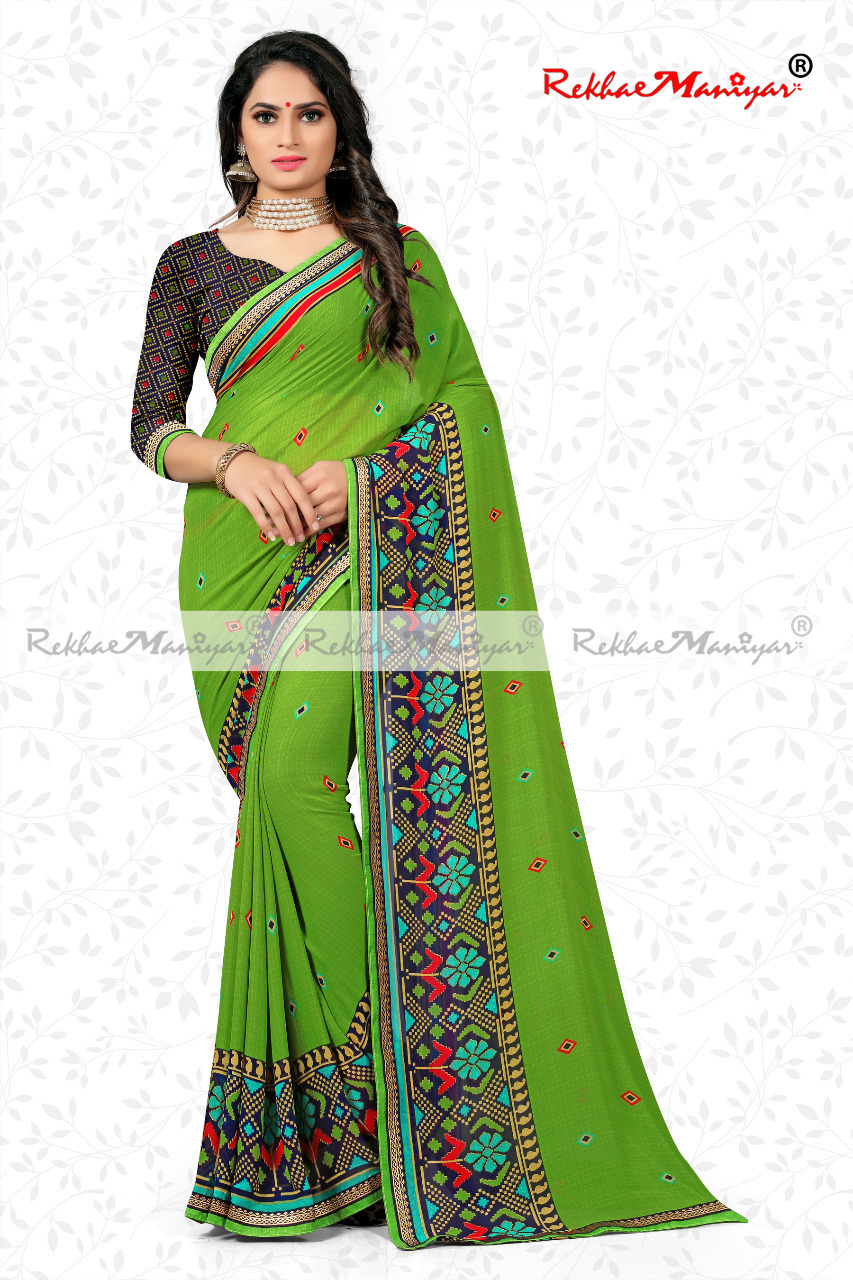 Faux Georgette Weightless Weaving Zari Bordered Saree - Faux Georgette, Geometrical Print, Zari Border, Includes Blouse | Suitable For Rainy, Spring, Summer, Winter Seasons