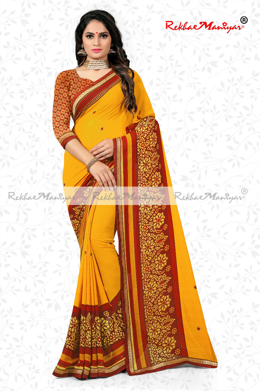 Faux Georgette Weightless Weaving Zari Bordered Saree - Faux Georgette, Geometrical Print, Zari Border, Includes Blouse | Suitable For Rainy, Spring, Summer, Winter Seasons