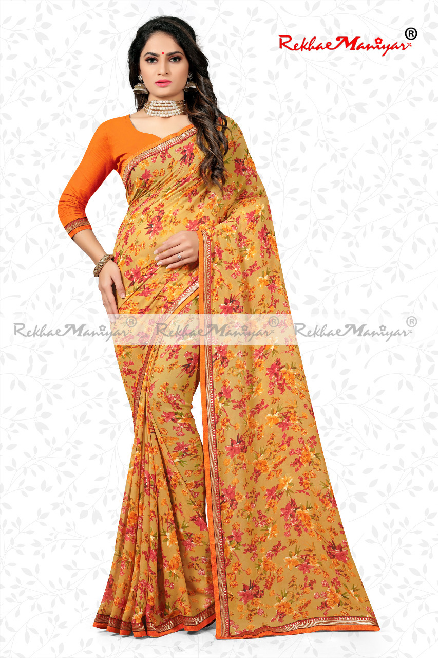 Faux Georgette Weightless Weaving Zari Bordered Saree - Faux Georgette, Geometrical Print, Zari Border, Includes Blouse | Suitable For Rainy, Spring, Summer, Winter Seasons