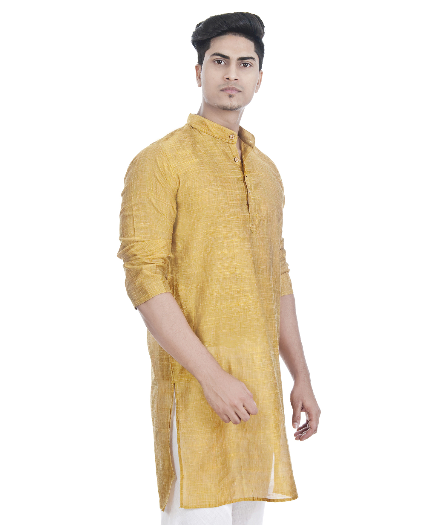 Ethnava Hand Embroidered Fancy Mustard Chikan Kurta - Full Length, Mandarin Collar, Full Sleeve Design | Affordable Men's Ethnic Fashion
