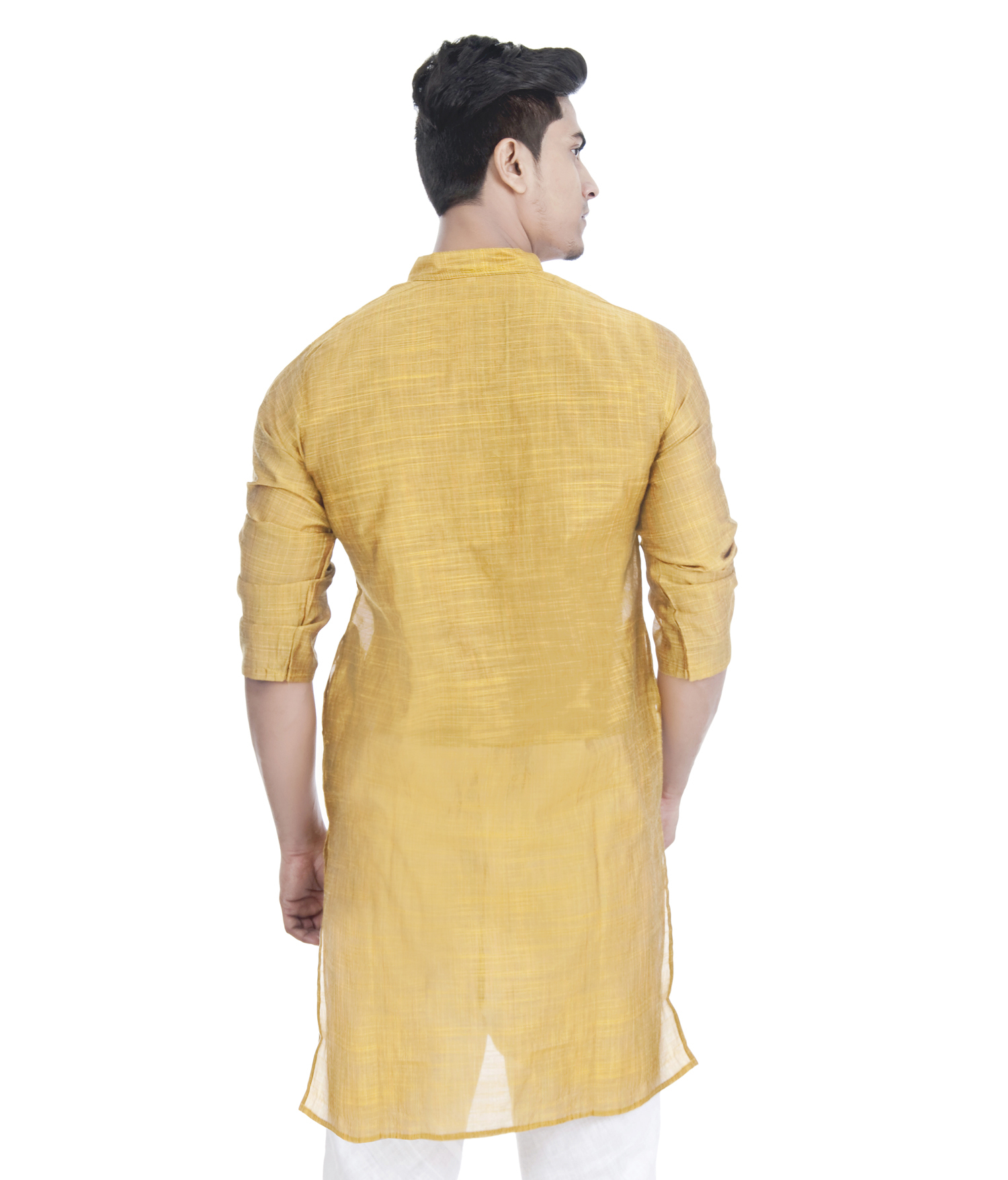 Ethnava Hand Embroidered Fancy Mustard Chikan Kurta - Full Length, Mandarin Collar, Full Sleeve Design | Affordable Men's Ethnic Fashion