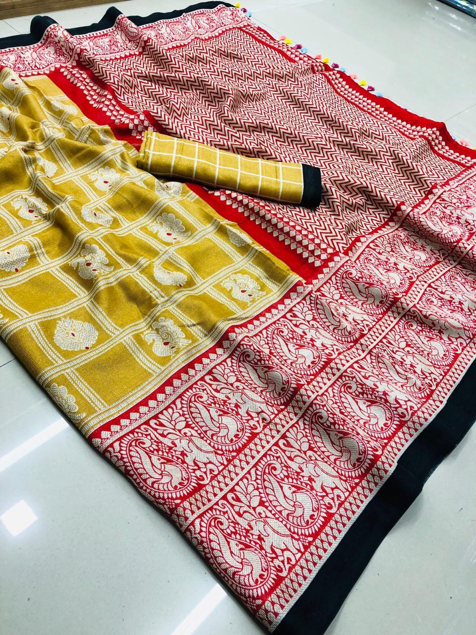 Linen Saree Fabric - Matrix Linen With Rich Pallu And Multicolored Tassels, Contrast Blouse Included - Printed Pattern For All Seasons