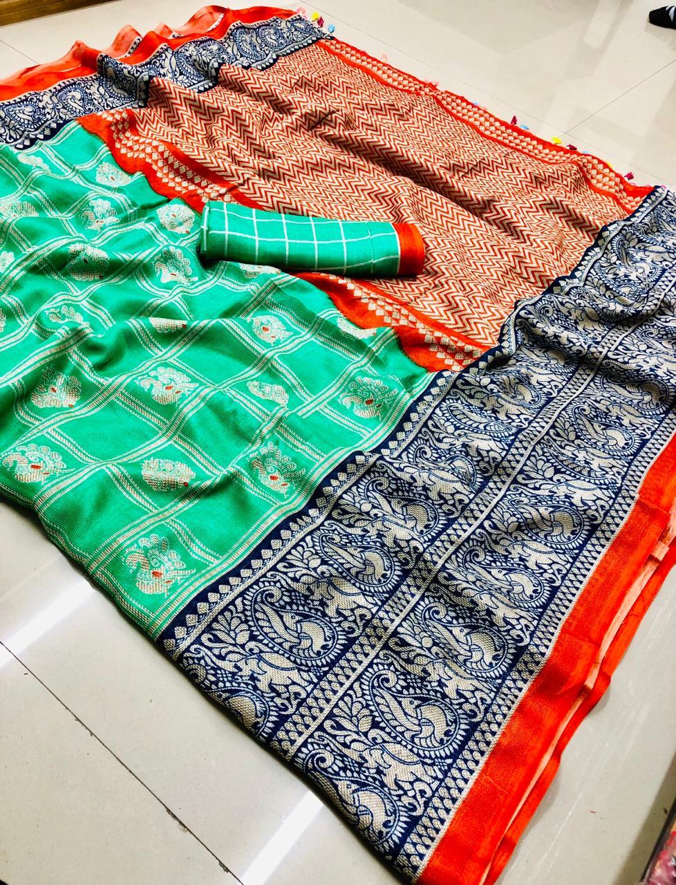 Linen Saree Fabric - Matrix Linen With Rich Pallu And Multicolored Tassels, Contrast Blouse Included - Printed Pattern For All Seasons