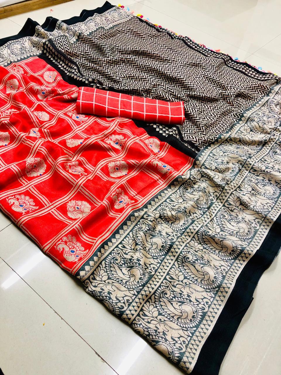 Linen Saree Fabric - Matrix Linen With Rich Pallu And Multicolored Tassels, Contrast Blouse Included - Printed Pattern For All Seasons