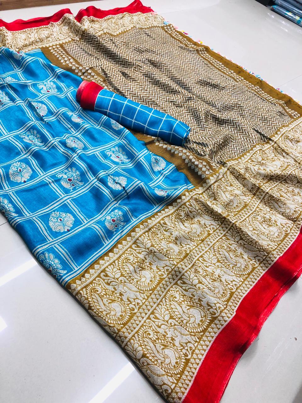 Linen Saree Fabric - Matrix Linen With Rich Pallu And Multicolored Tassels, Contrast Blouse Included - Printed Pattern For All Seasons