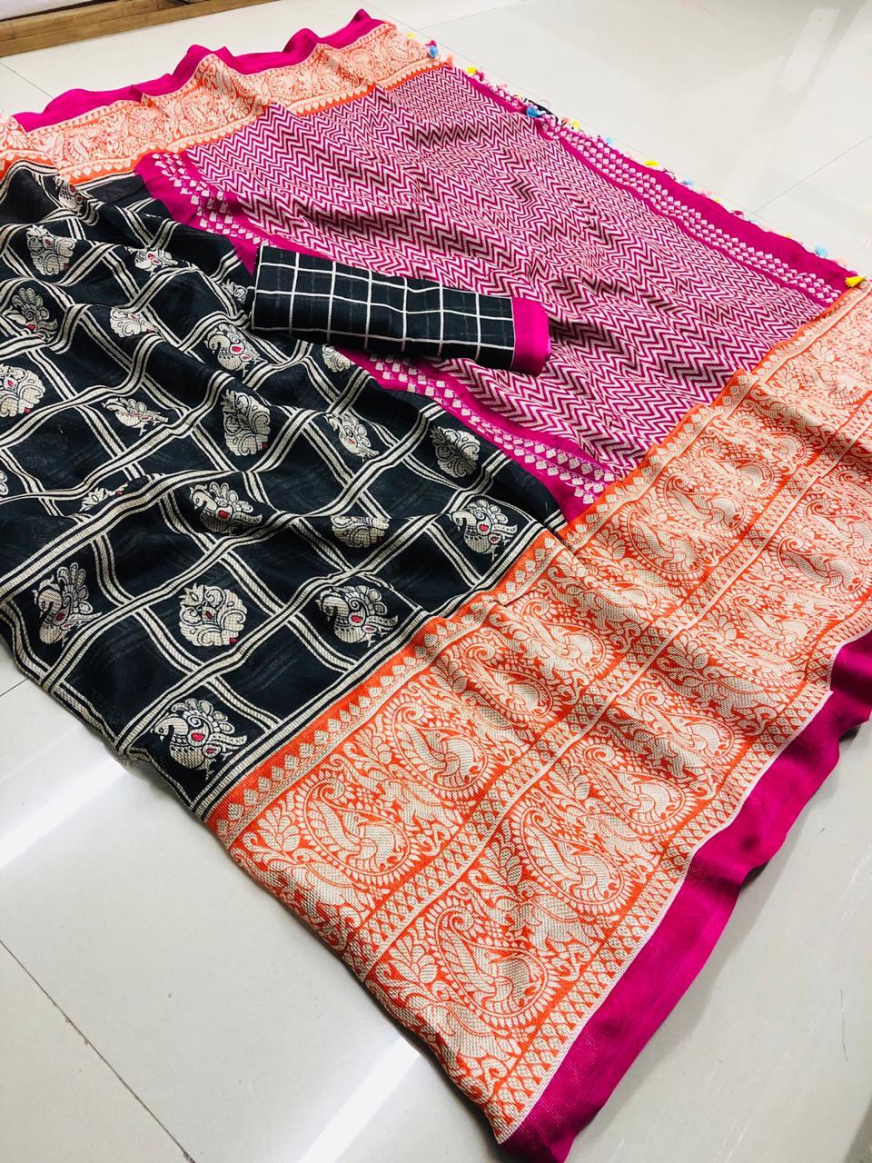 Linen Saree Fabric - Matrix Linen With Rich Pallu And Multicolored Tassels, Contrast Blouse Included - Printed Pattern For All Seasons