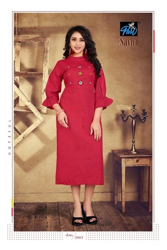 Sayna Fabric Kurti - Linen Soft Cotton, 48 Inches Length, Brown Color | Trendy 3/4th Sleeve, Embroidered, Straight Fit, Available in M-XXL Sizes, Best Quality Stitching