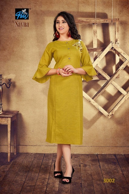 Sayna Fabric Kurti - Linen Soft Cotton, 48 Inches Length, Brown Color | Trendy 3/4th Sleeve, Embroidered, Straight Fit, Available In M-xxl Sizes, Best Quality Stitching