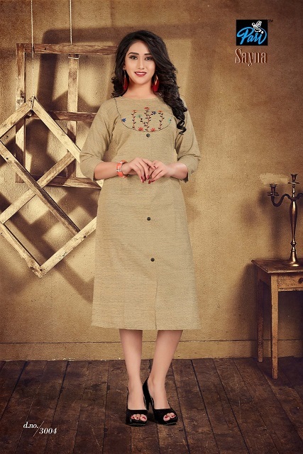 Sayna Fabric Kurti - Linen Soft Cotton, 48 Inches Length, Brown Color | Trendy 3/4th Sleeve, Embroidered, Straight Fit, Available In M-xxl Sizes, Best Quality Stitching