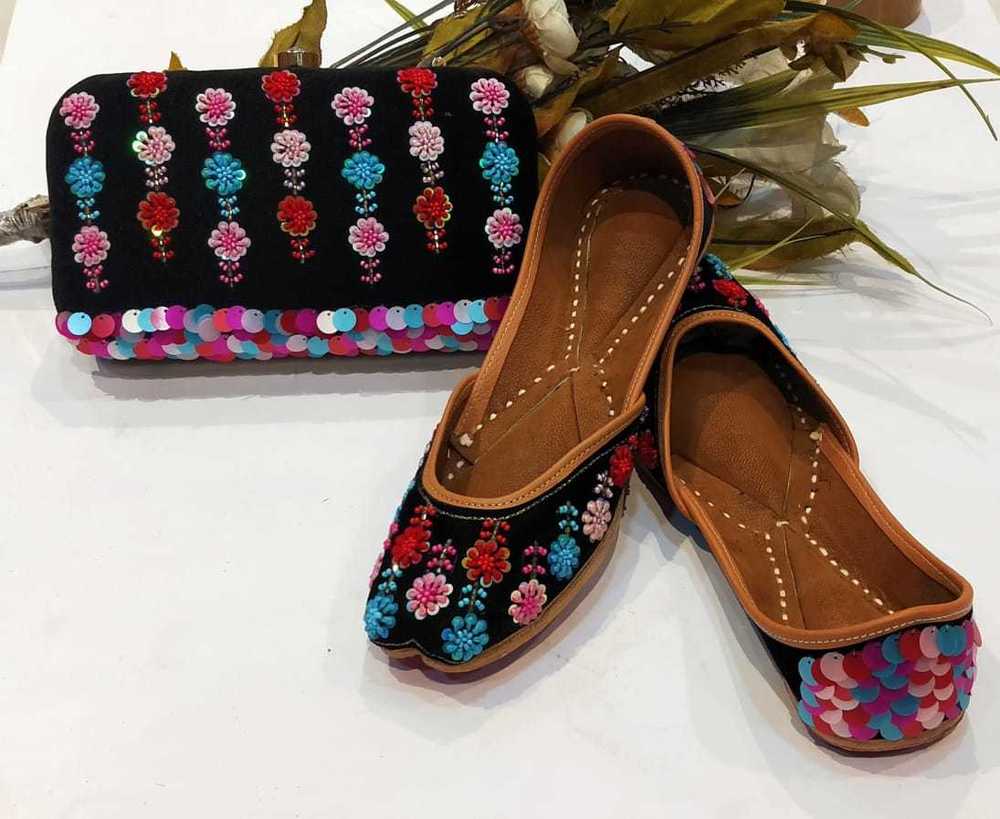 Punjabi Jutti - Leather Upper, Cotton Lining, Sizes 36-40 | Black, Flat Heel, Pearl Work, Washable, Custom Logo, Seasonal Wear