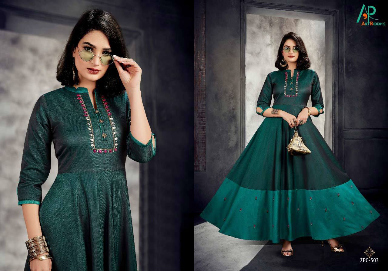 Satin Art Riddhs Mirror Button Work Gown Catalog