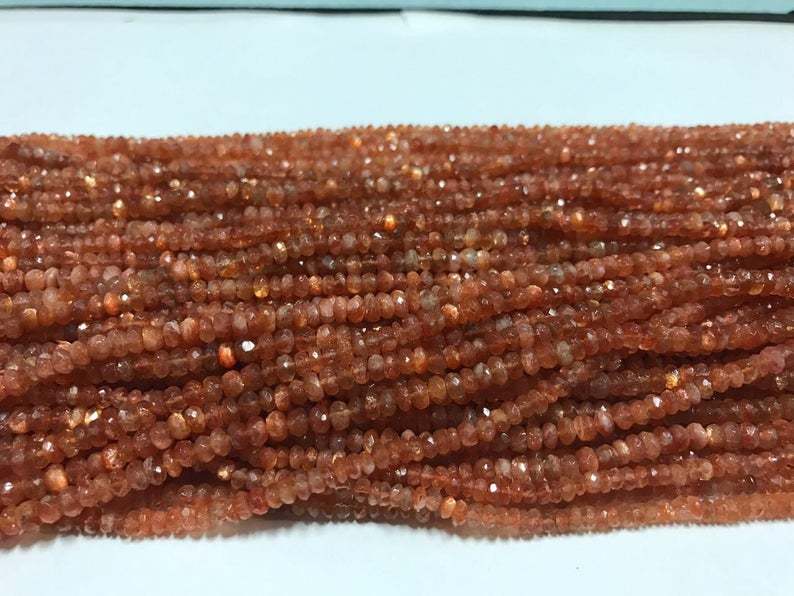 Aaa Sunstone Micro Faceted Rondelle Beads - 3.5-4mm Size | Natural Gemstone, Round Brilliant Cut, 14.5 Inch Strand, Pack Of 4 Strands
