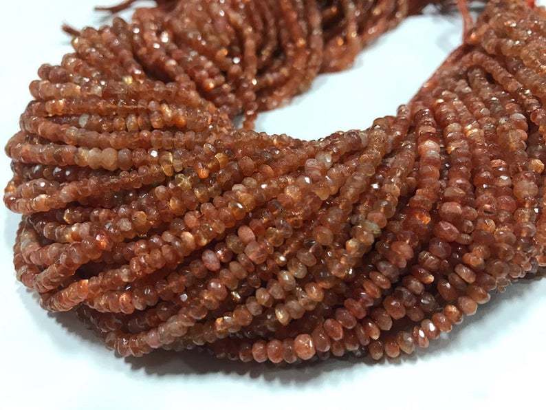 Aaa Sunstone Micro Faceted Rondelle Beads - 3.5-4mm Size | Natural Gemstone, Round Brilliant Cut, 14.5 Inch Strand, Pack Of 4 Strands