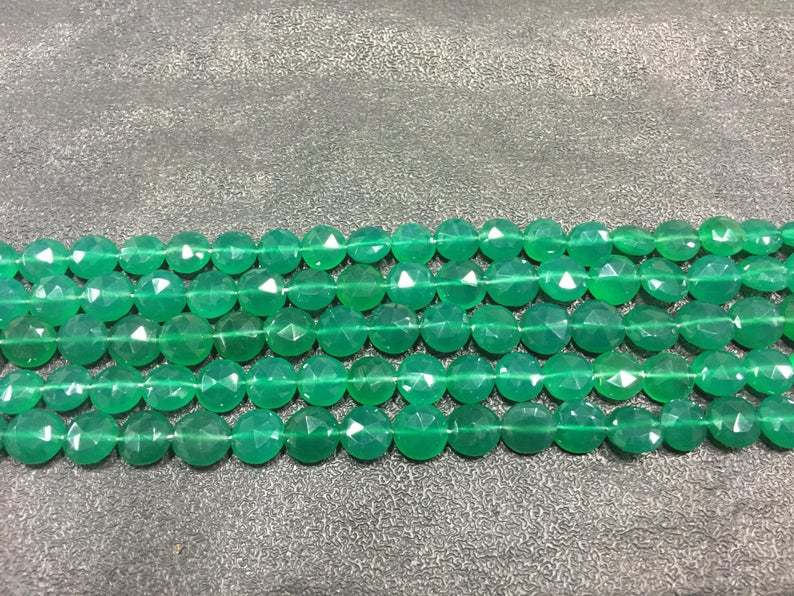 Green Onyx Coin Faceted Beads - 6/11mm Approx, 10 Inch Strand | Natural A-grade Green Onyx, 108 Carat Weight