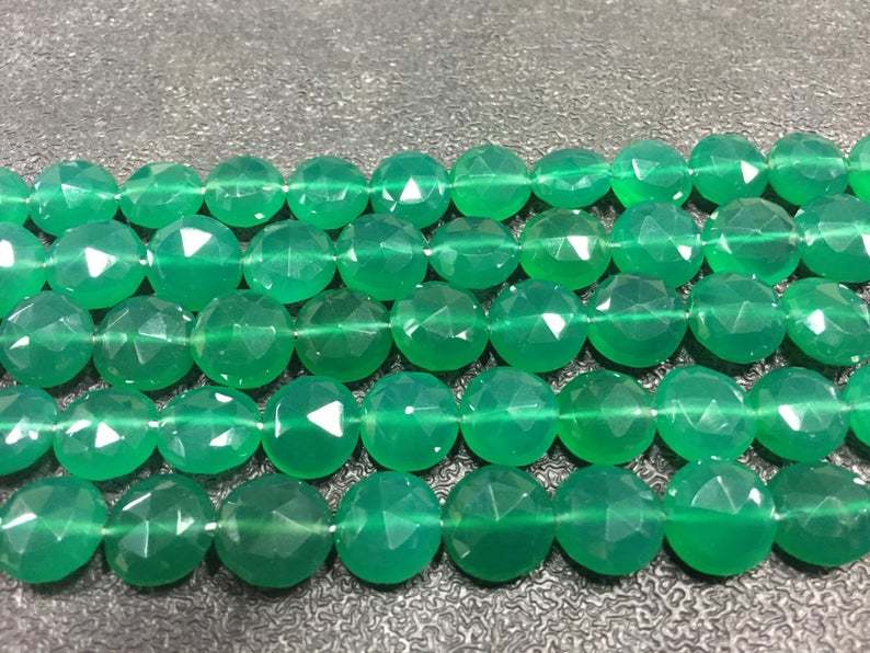 Green Onyx Coin Faceted Beads - 6/11mm Approx, 10 Inch Strand | Natural A-grade Green Onyx, 108 Carat Weight