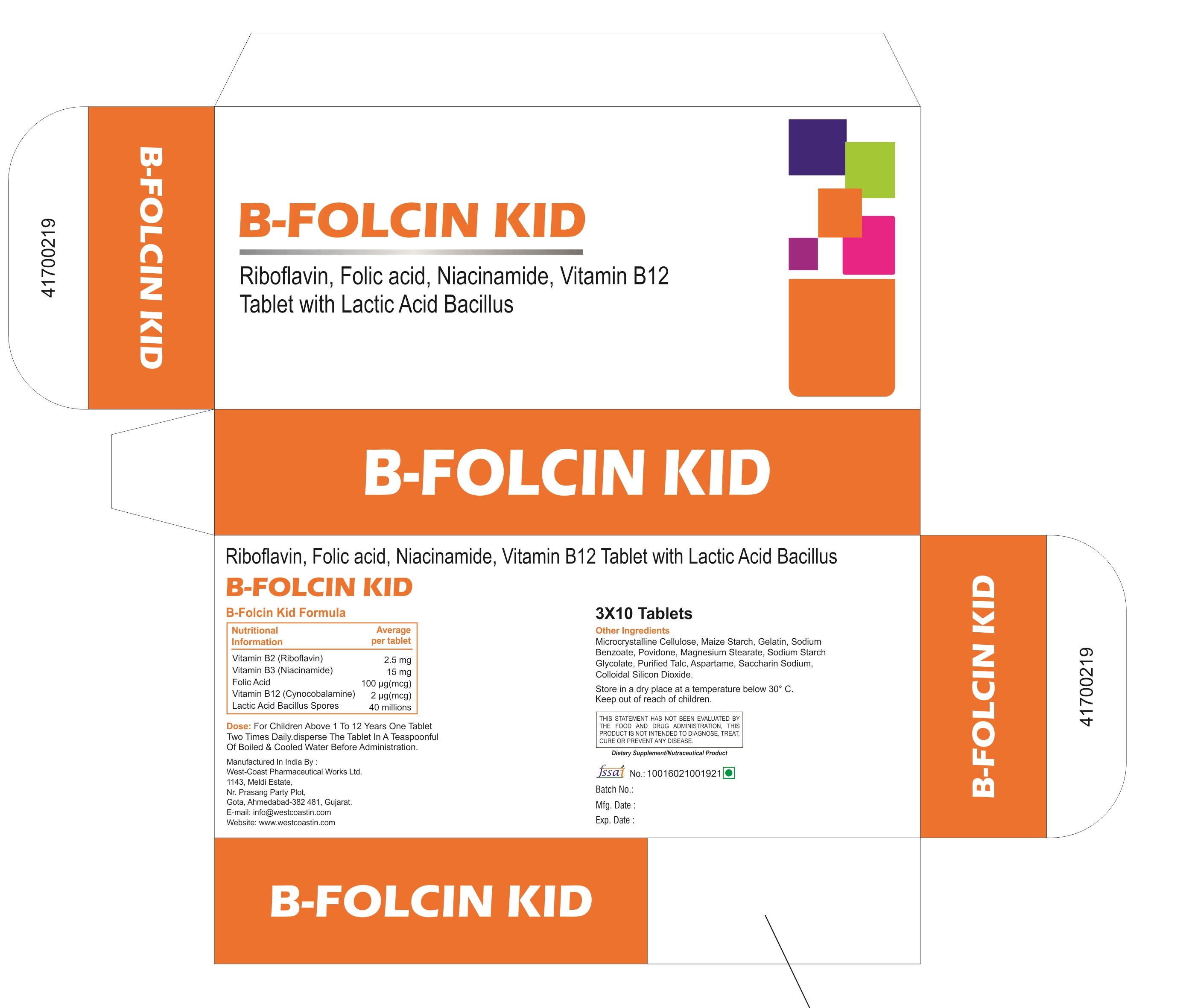 B-folcin Kid - Vitamin B Complex Tablet With Lactic Acid Bacillus | Combines Riboflavin, Folic Acid, Niacinamide, Vitamin B12 For Nutritional Support And Digestive Health