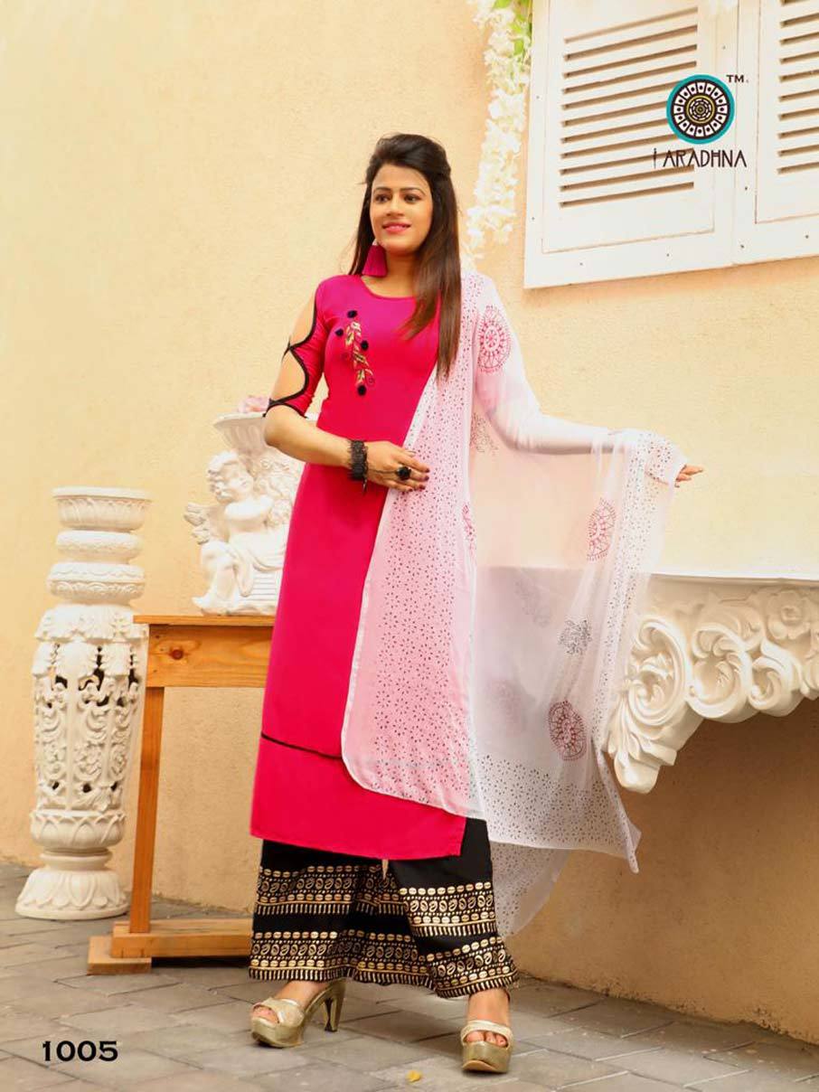 Rayon Kurti Palazo Set - Heavy Rayon Fabric With Embroidery Work, Chiffon Dupatta | Cool Dry, Quick Dry, Washable, Customized Logo, 3-4th Sleeve Style