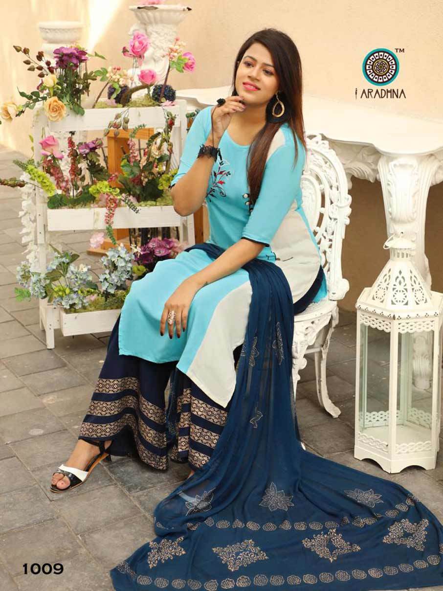 Rayon Kurti Palazo Set - Heavy Rayon Fabric With Embroidery Work, Chiffon Dupatta | Cool Dry, Quick Dry, Washable, Customized Logo, 3-4th Sleeve Style