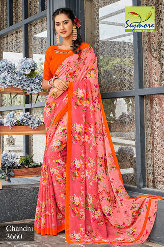 Orange Georgette Printed Saree