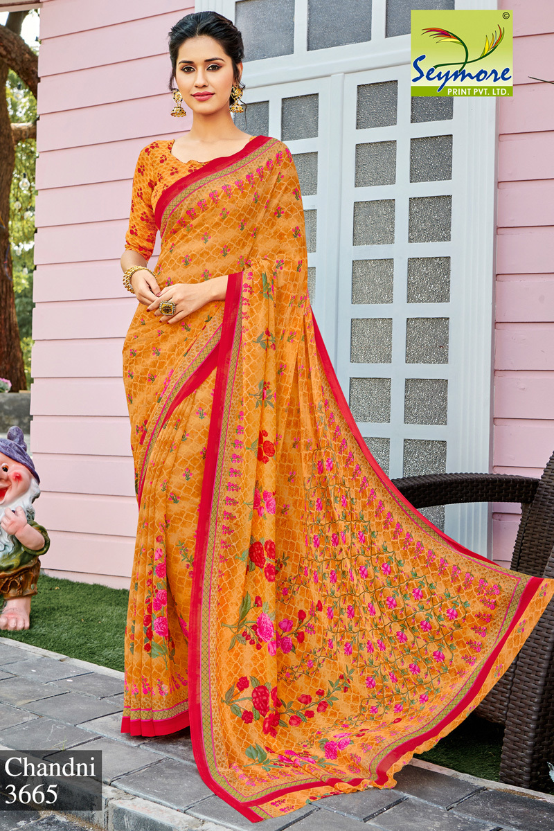 Orange Georgette Printed Saree