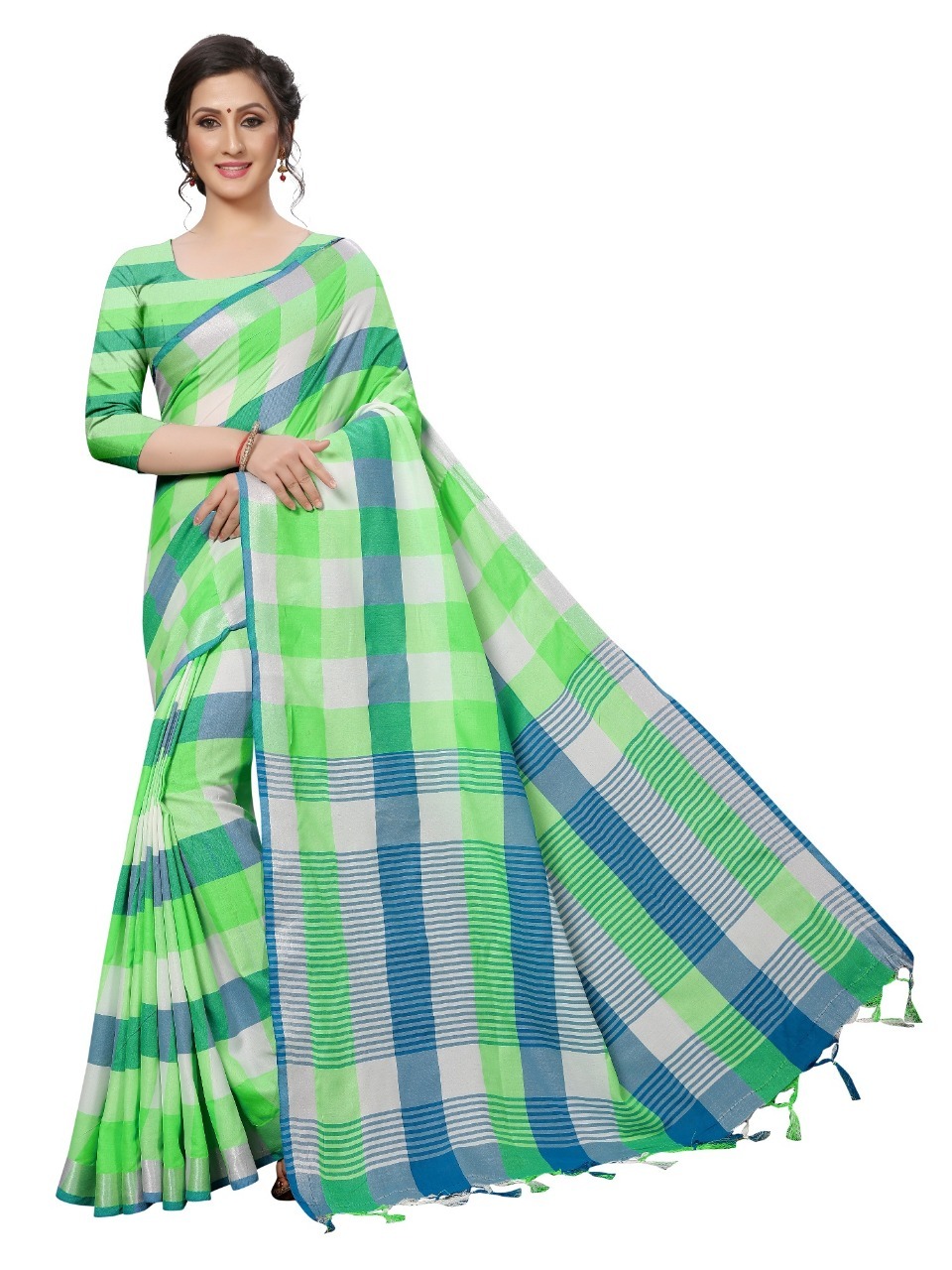 Alpha Checks Cotton Silk Saree - 6.30 Mtr With Attached Blouse Piece, Multi-color Checked Pattern, Versatile For All Seasons