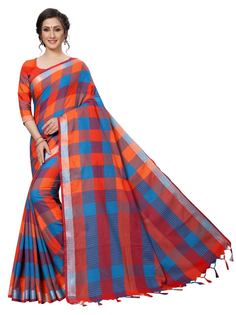Alpha Checks Cotton Silk Saree - 6.30 Mtr With Attached Blouse Piece, Multi-color Checked Pattern, Versatile For All Seasons