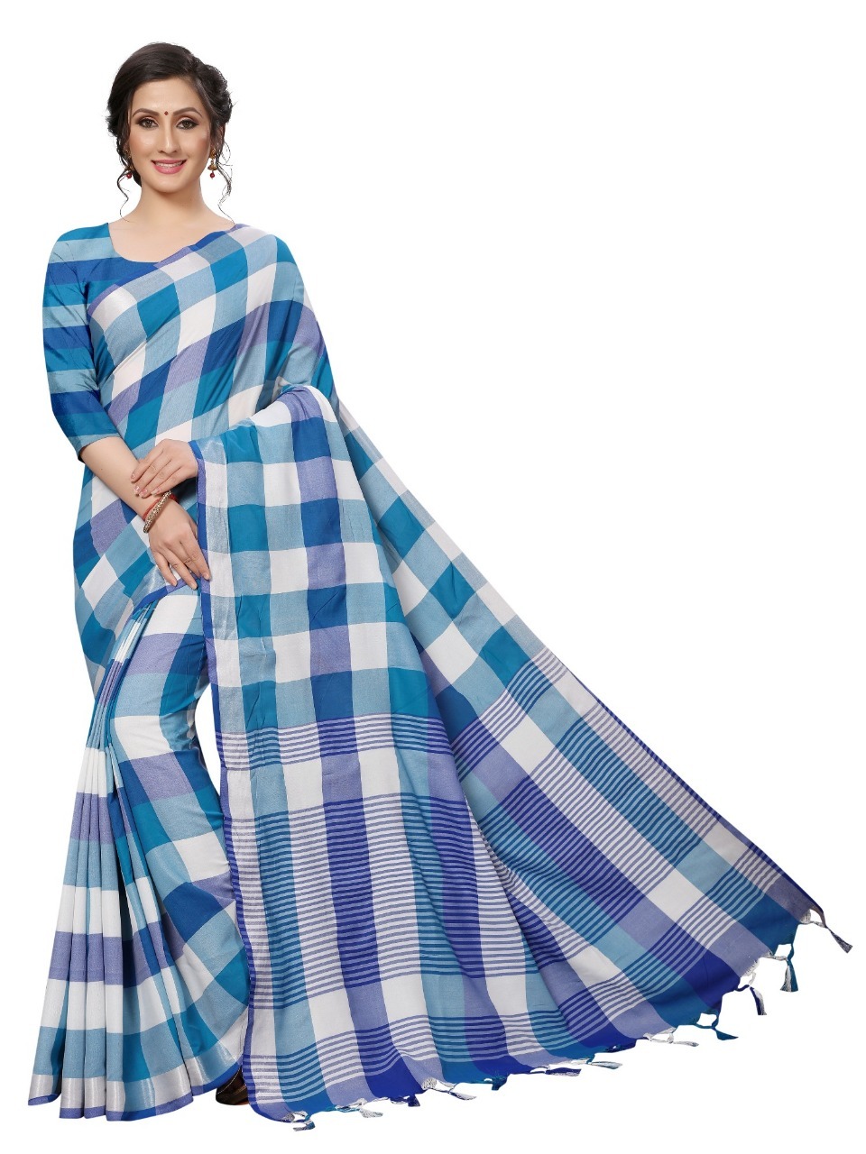 Alpha Checks Cotton Silk Saree - 6.30 Mtr With Attached Blouse Piece, Multi-color Checked Pattern, Versatile For All Seasons