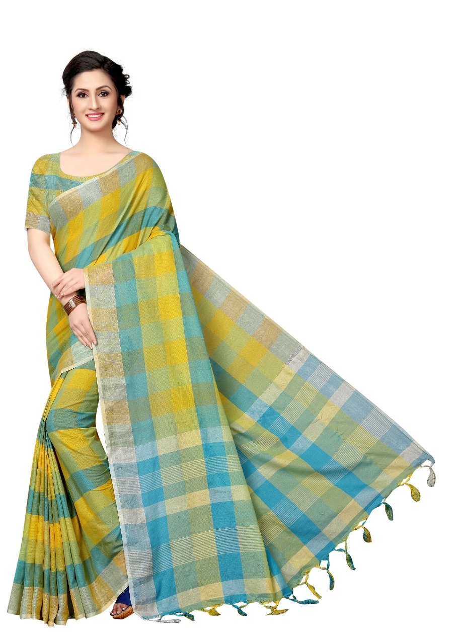 Alpha Checks Cotton Silk Saree - 6.30 Mtr With Attached Blouse Piece, Multi-color Checked Pattern, Versatile For All Seasons