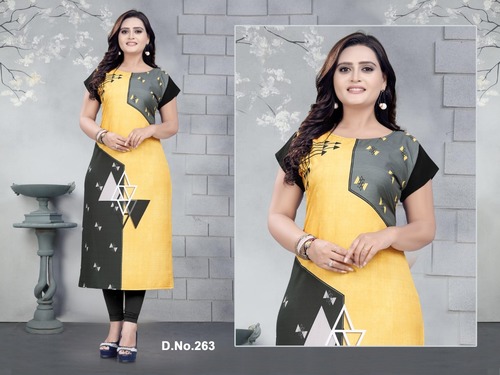 Crepe Kurti - American Crepe, Sizes M(38)-XXL(46), Multi-Color, Short Sleeve, Digital Printed, Classic Style, Perfect for All Seasons