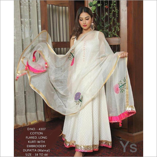 Cotton Flared Long Kurti With Dupatta - Cotton, Available in M, XL, XXL | Breathable, Washable, Suitable for All Seasons, Multiple Color Options