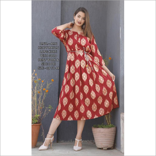 Rayon Long Kurti - M, XL, XXL | Available in Various Colors, Breathable & Washable for All Seasons with Attractive Motifs and Prints