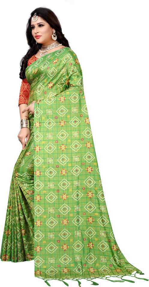 Bandhini Saree - Art Silk, Unstitched Silk Blouse, Green Color | Hand Embroidery, Printed Pattern, Jacquard Lace Borders, Festive Wear
