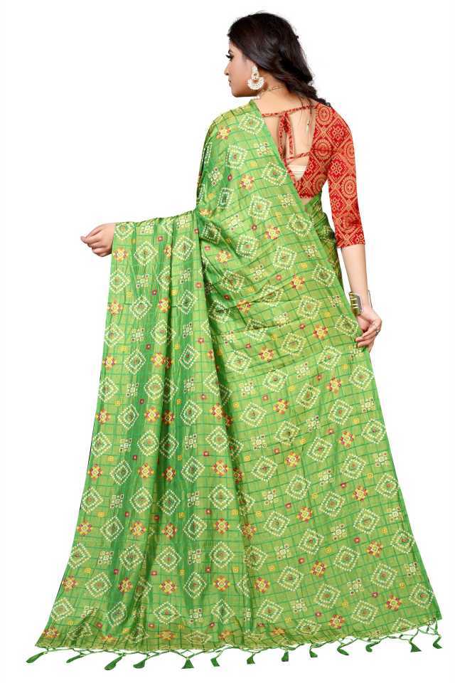 Bandhini Saree - Art Silk, Unstitched Silk Blouse, Green Color | Hand Embroidery, Printed Pattern, Jacquard Lace Borders, Festive Wear