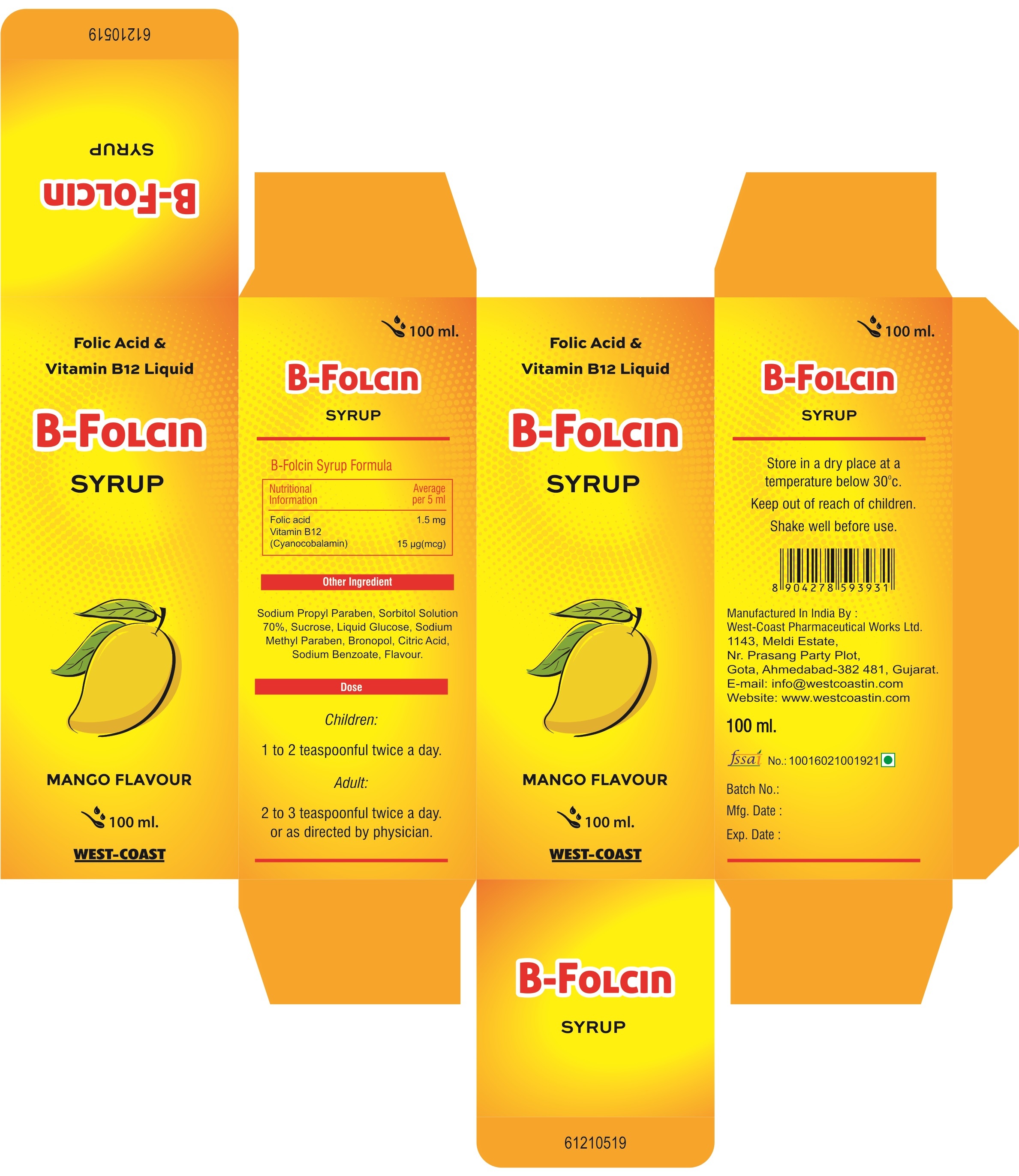 Folic Acid & Vitamin B12 Liquid - 1.5 Mg Folic Acid, 1.5 Mcg B12 | Promotes Healthy Growth In Mango Flavor, Liquid Form