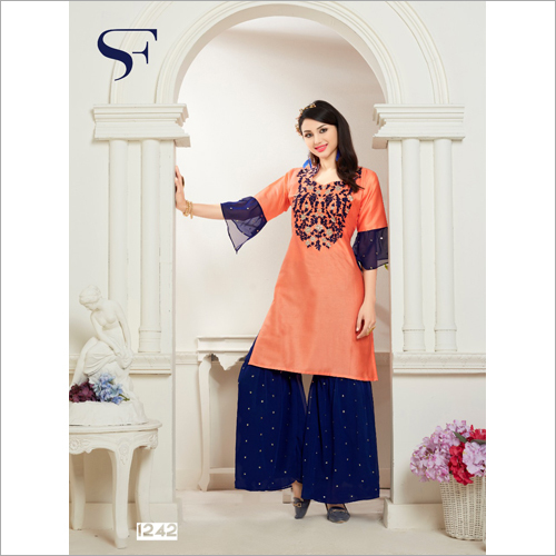 Designer Embroidery Kurti with Palazzo - Cotton & Silk, Available in Sizes S to XL, Multicolor | Breathable, No Fade, Perfect for All Seasons