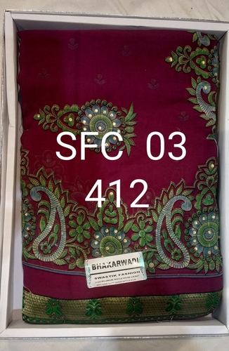 Printed Saree - Georgette Chiffon Fabric, Wine Color with Elegant Thread Work Design for Summer Wear