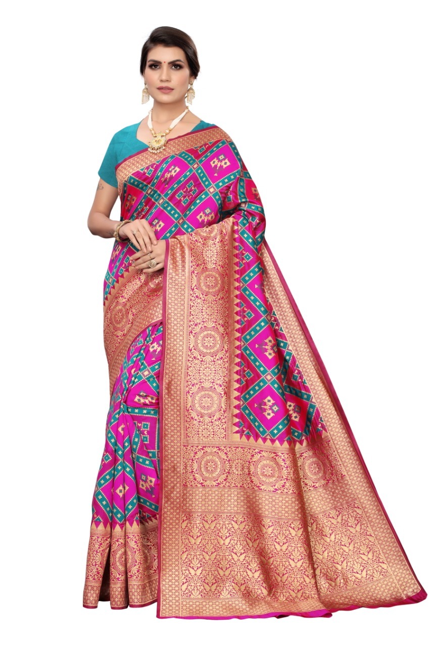 Saree - Banarasi Silk, 600 Grams Approx | Color Options: Pink, Blue, Red, Green | Ideal For Rainy, Spring, Summer & Winter Seasons