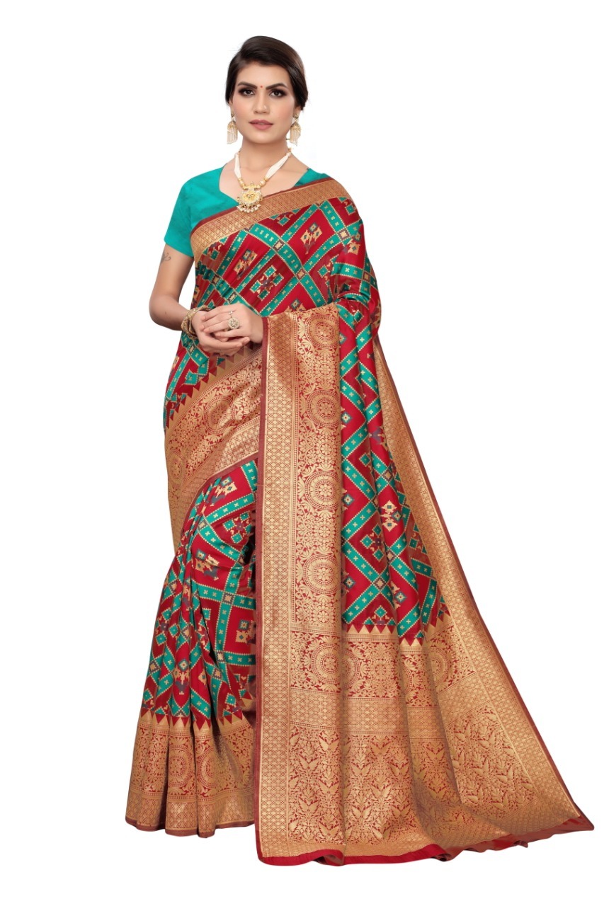 Saree - Banarasi Silk, 600 Grams Approx | Color Options: Pink, Blue, Red, Green | Ideal For Rainy, Spring, Summer & Winter Seasons