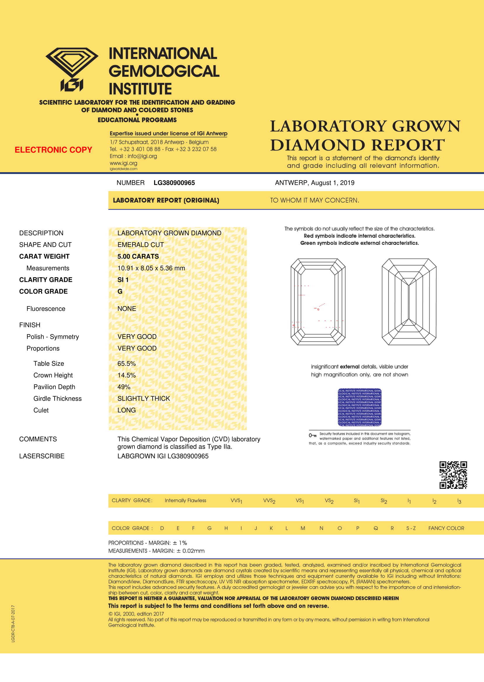 Emerald Diamond 5.00ct G Si1 Shape Igi Certified Cvd Type2a Size: 5.00